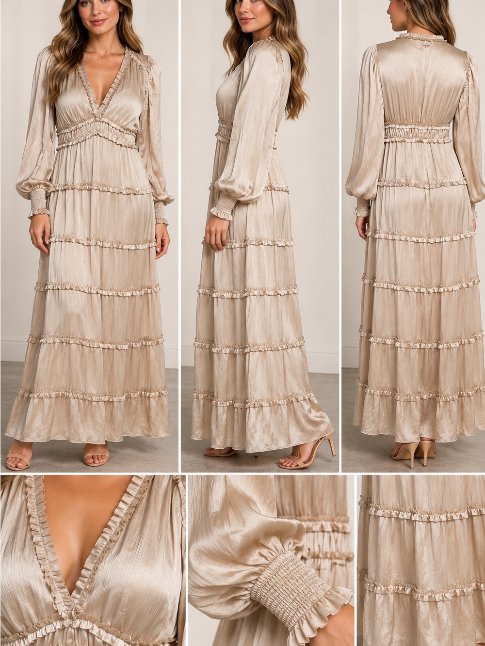 CeCe Champagne Tiered Ruffle Maxi Dress